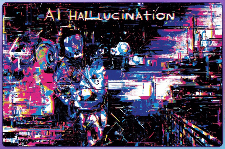 AI hallucination illustration with a distorted robot and glitch-style digital environment.