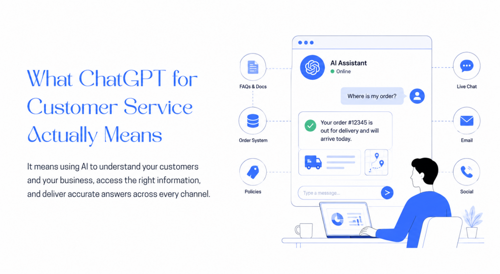 ChatGPT customer service illustration, AI customer support, RAG customer service, AI support agent, business knowledge base, customer support automation