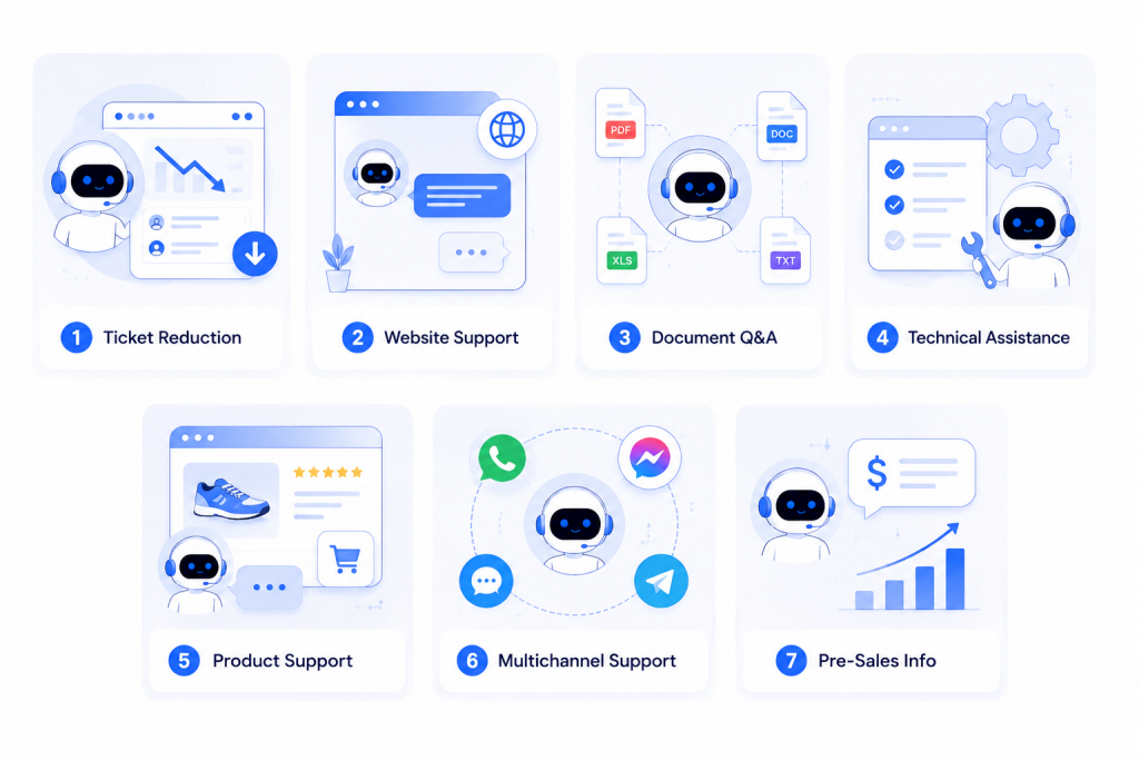 Seven ways AI customer support helps businesses, including ticket reduction, website support, document Q&A, technical assistance, product support, multichannel support, and pre-sales assistance.