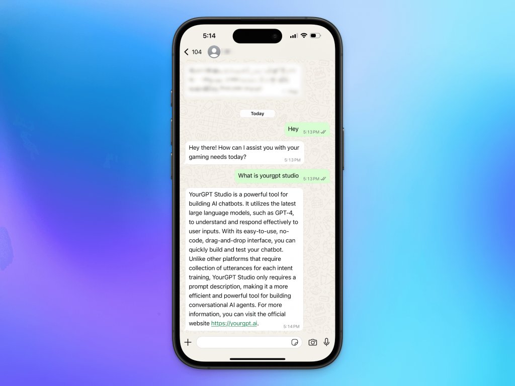 WhatsApp chat where a user asks about "yourgpt studio" and receives an AI-generated response explaining YourGPT Studio as a no-code platform for building AI chatbots using GPT-4