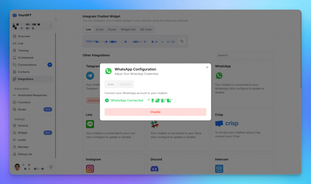 WhatsApp Configuration popup in the YourGPT dashboard showing successful WhatsApp connection with auto/custom mode options and a red "Disable" button to disconnect.