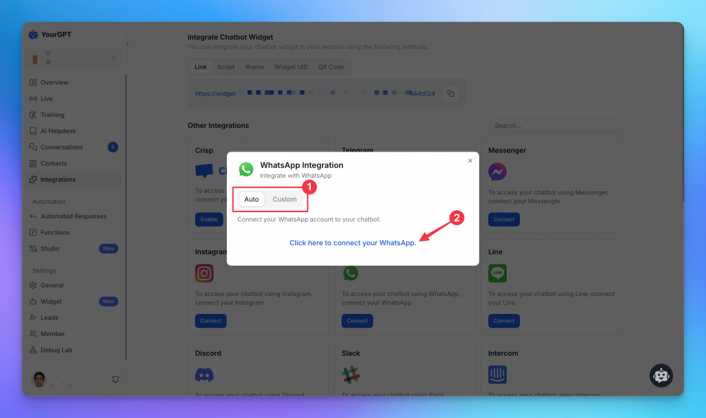 YourGPT WhatsApp chatbot integration pop-up showing auto and custom setup options, with a highlighted link to connect a WhatsApp account.