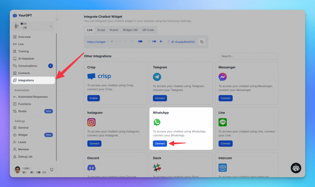 Connect WhatsApp AI chatbot in YourGPT by navigating to the Integrations tab and selecting the WhatsApp option