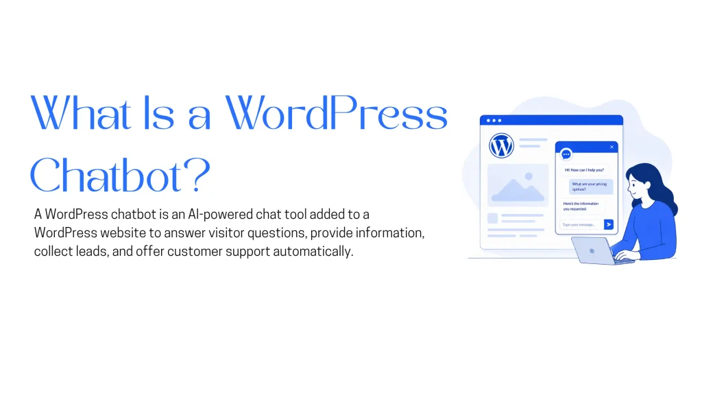 Illustration of an AI-powered WordPress chatbot answering visitor questions, providing information, collecting leads, and supporting customers on a website.