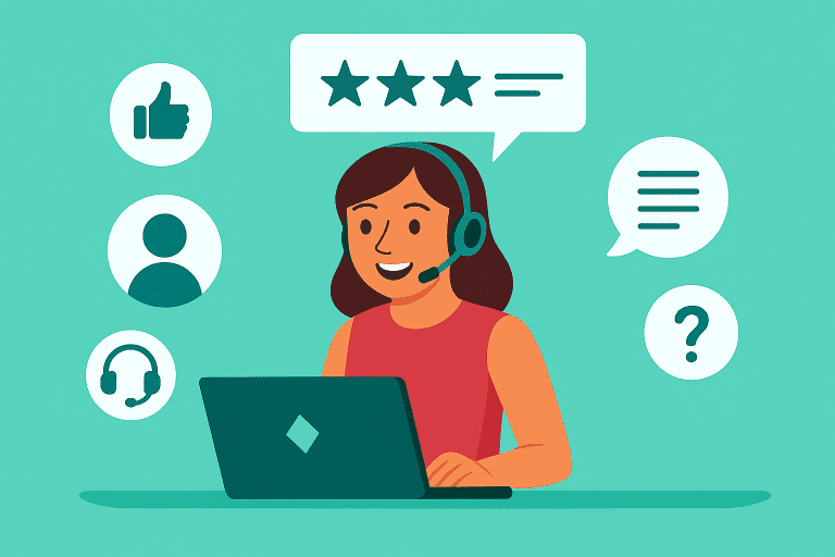 customer service representative wearing a headset and using a laptop, surrounded by customer feedback, rating, chat, and support icons.