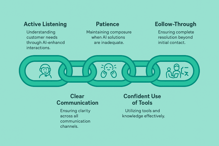 five key customer service skills: active listening, clear communication, patience, confident use of tools, and follow-through, connected in a chain.