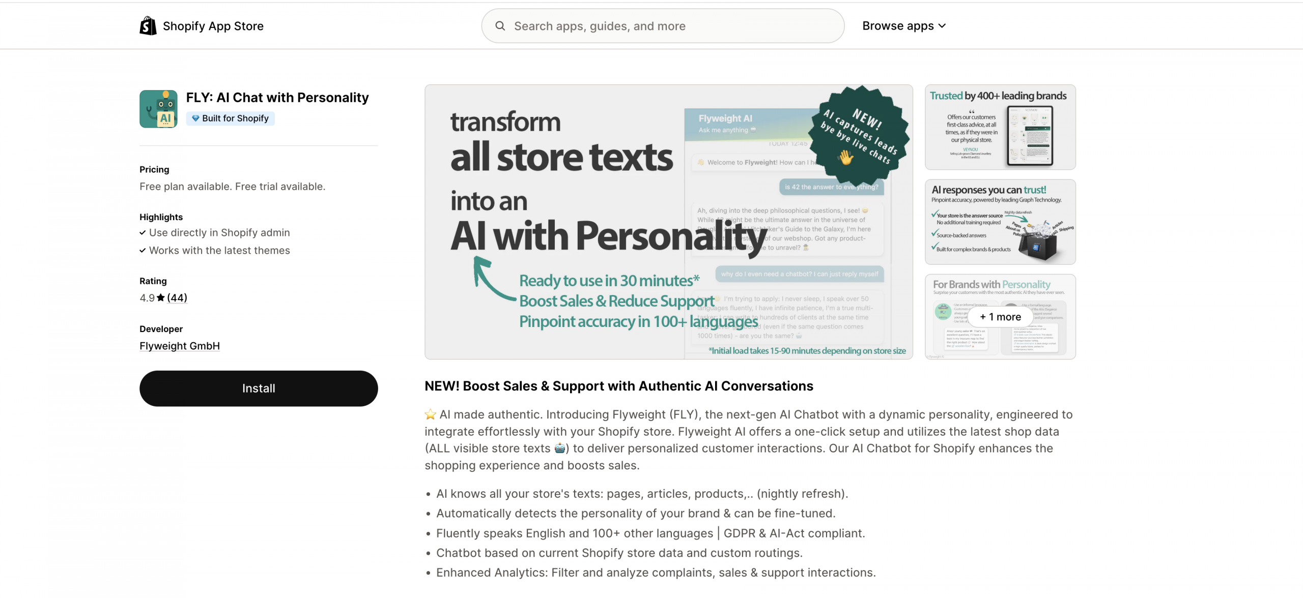 Flyweight Shopify app listing introducing brand-voice AI chat