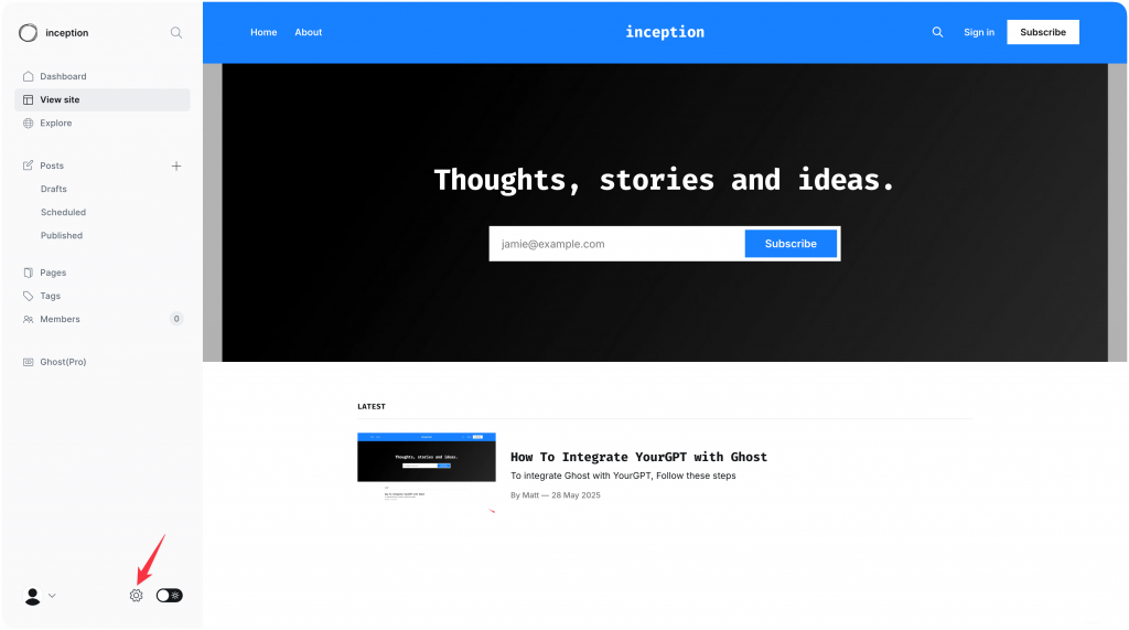 Ghost CMS admin dashboard showing the Settings menu icon in the left sidebar navigation
