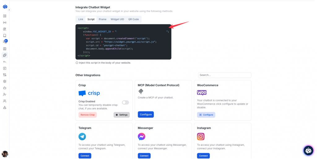Navigate to the “Integration” section in your dashboard