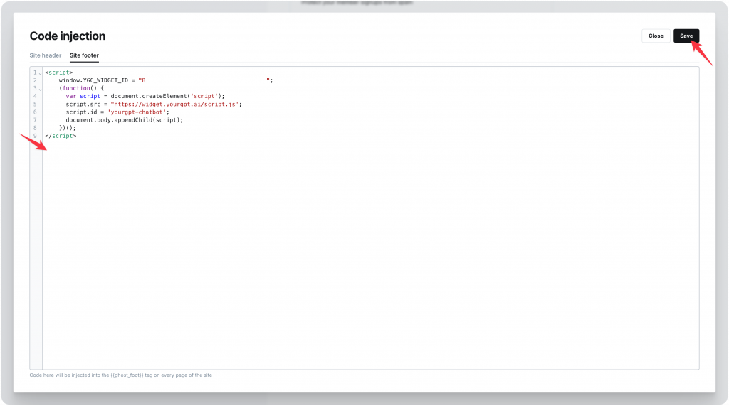 Ghost Code Injection Site Footer section with chatbot JavaScript code pasted and Save button visible
