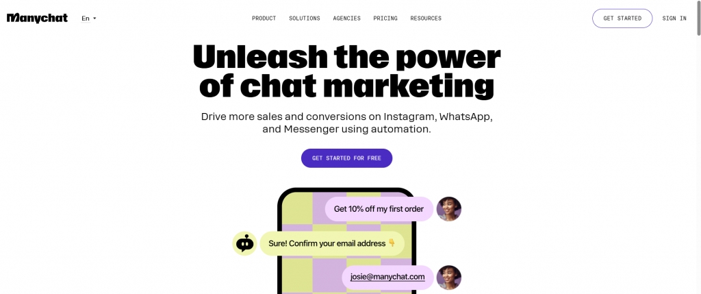 ManyChat homepage showing chatbot automation features with options to create and manage conversations across platforms like Messenger, Instagram, and WhatsApp.