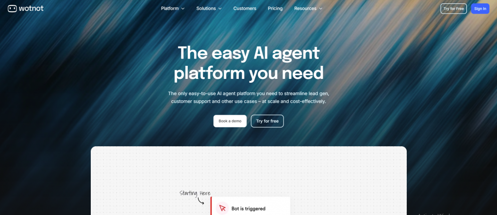 WotNot AI agent platform – no-code chatbot builder for lead generation, customer support, and automation with free trial and demo options.