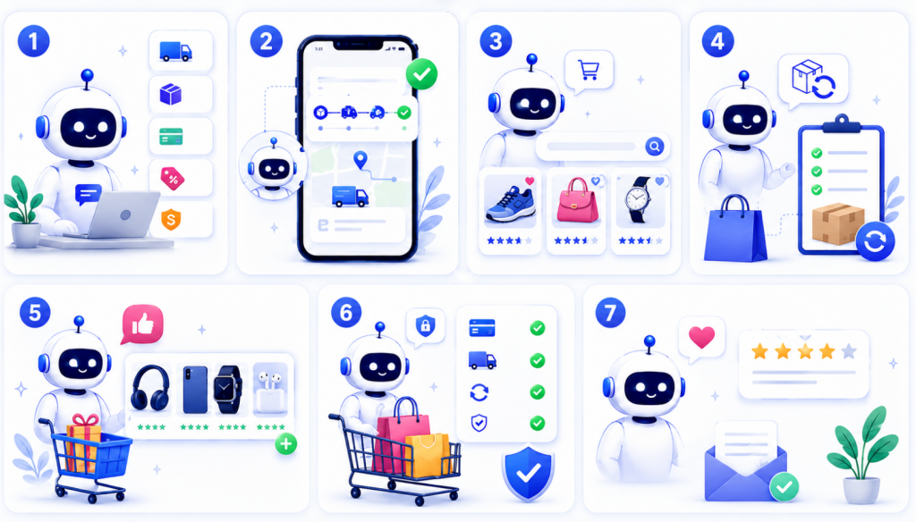 how YourGPT supports PrestaShop stores with AI-powered customer service and sales assistance. The chatbot helps answer customer questions, track orders, recommend products, manage returns, suggest add-ons, assist at checkout, and collect post-purchase feedback.