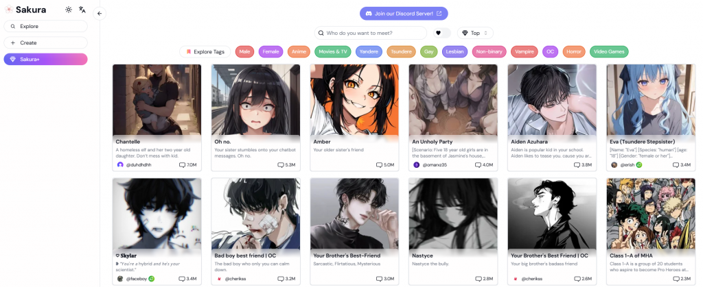 Sakura AI removes most filters and offers fully open chat experiences with complete persona customisation.