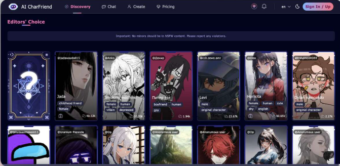 CharFriend AI specialises in deeply personalised, unfiltered chats with NSFW options and a diamond-based reward system.