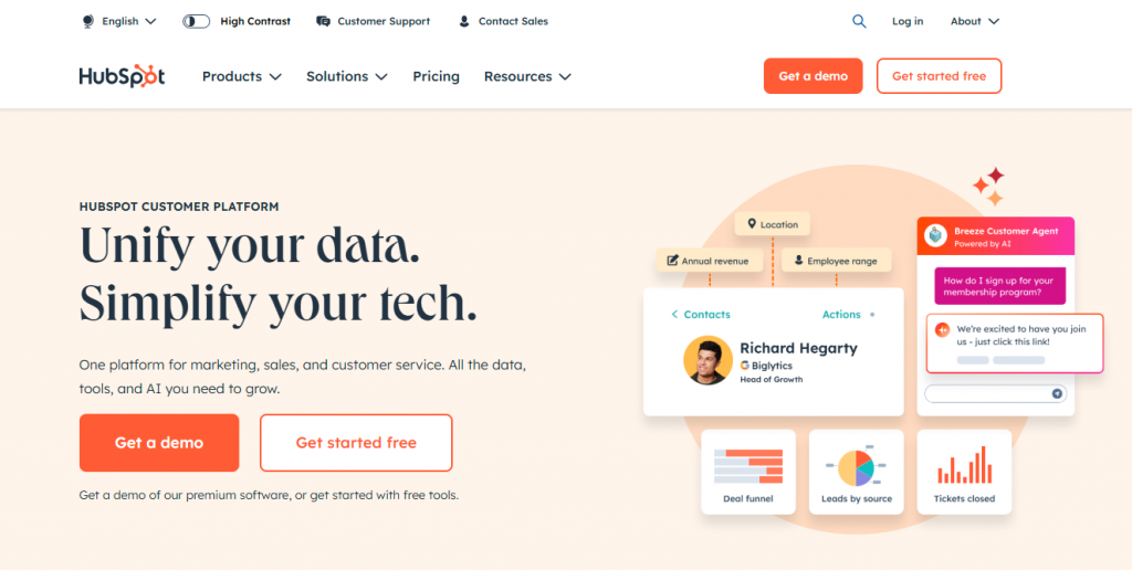 HubSpot Sales Hub is built to help teams manage their customer relationships more effectively with a clean, centralized dashboard.