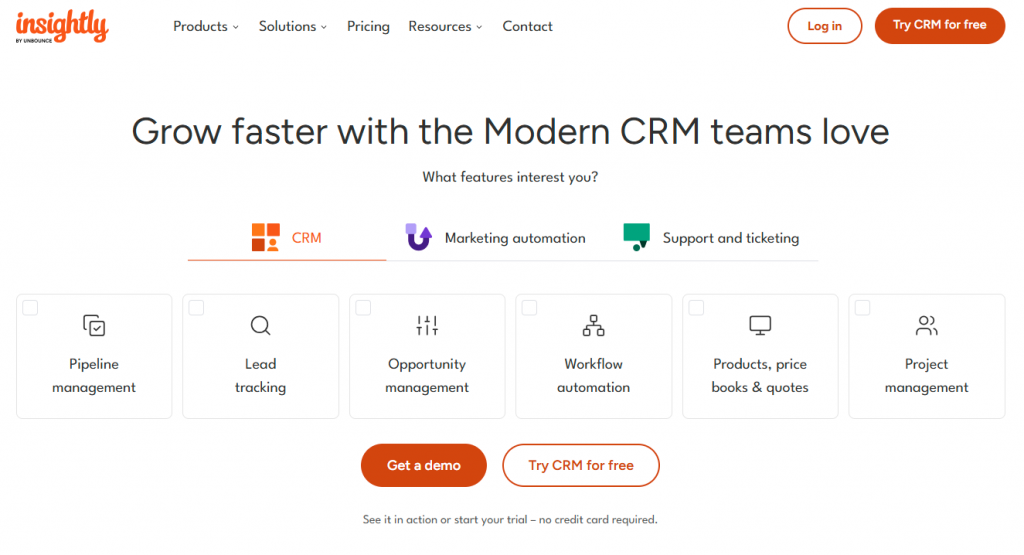 Insightly CRM combines contact management with project tracking to support teams that work across both sales and delivery.