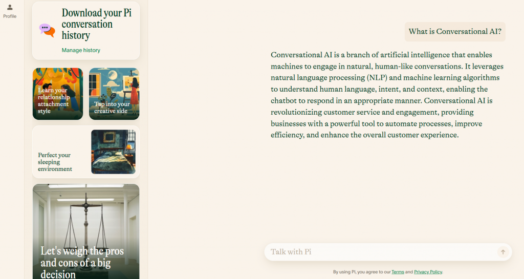 Pi is a personal AI developed by Inflection AI that emphasizes emotionally aware, polite conversations.