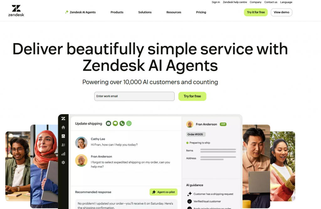 Zendesk AI Agents webpage showing service tagline, customer chat interface, and user images