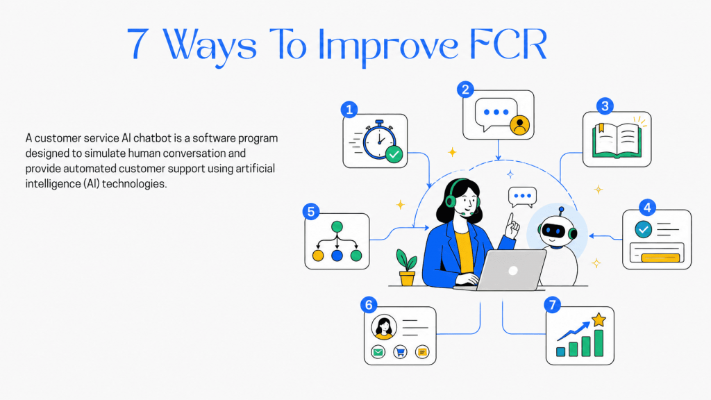 even ways AI improves first-contact resolution through faster replies, intent detection, knowledge access, agent suggestions, ticket routing, customer context, and continuous learning.
