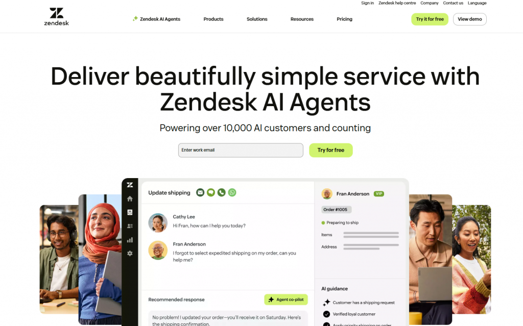 "Zendesk AI Agents homepage with chat demo."