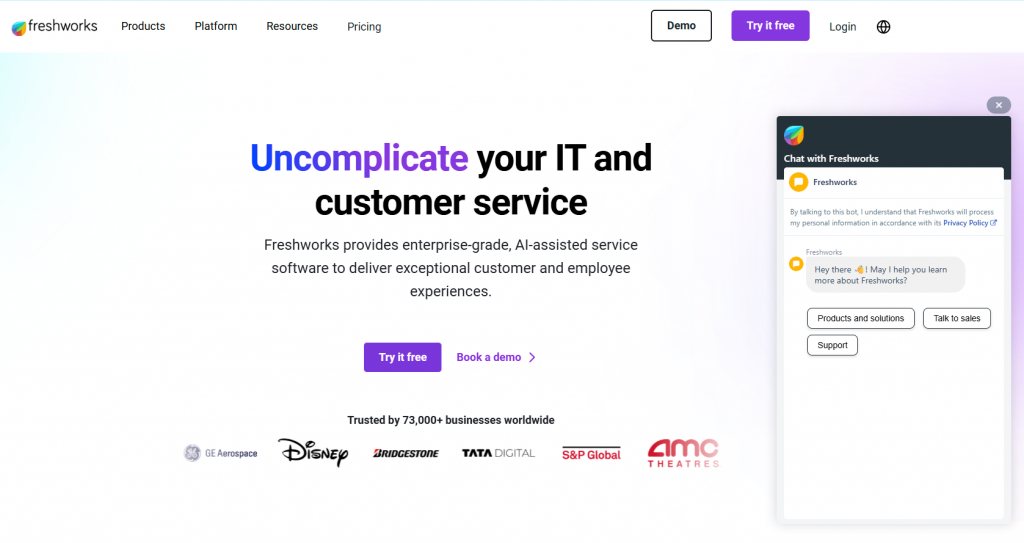Freshworks homepage with headline and chat widget