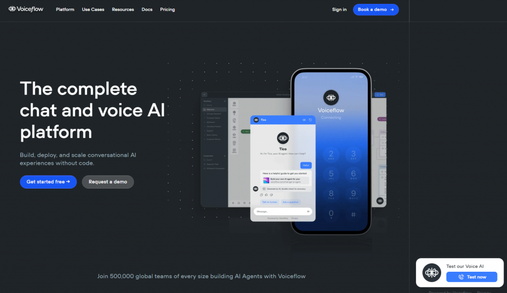 Voiceflow homepage with chat and voice AI preview