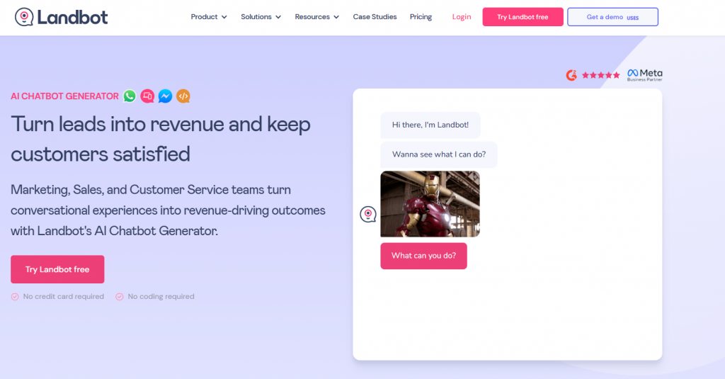Landbot homepage with chatbot demo