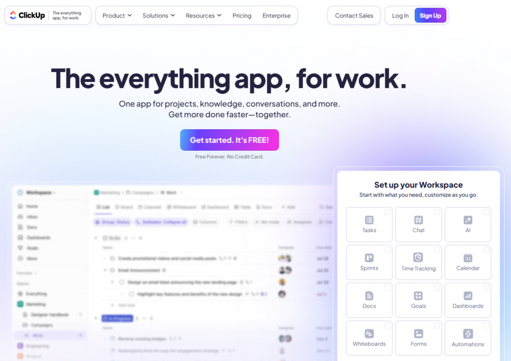 ClickUp homepage showing it as the everything app for work with tasks, chat, AI, and project management tools