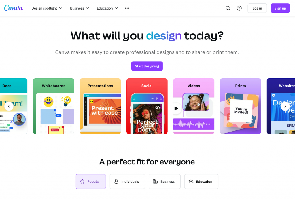Canva homepage with tools to design docs, presentations, social posts, videos, and websites easily