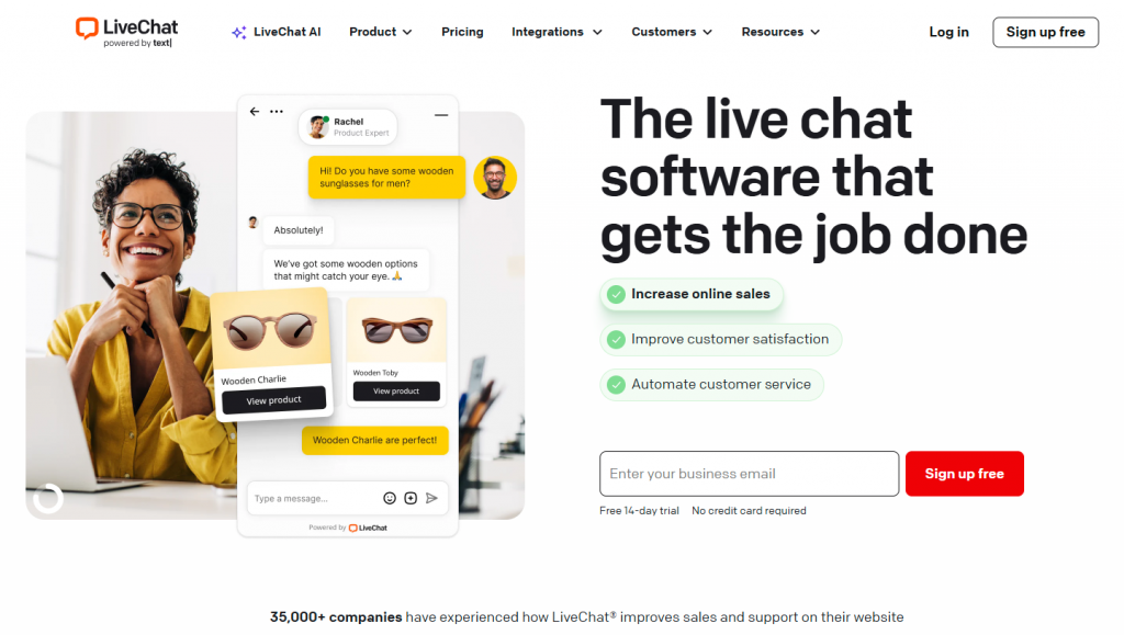 LiveChat homepage showing AI-powered live chat software to increase sales, improve customer satisfaction, and automate support