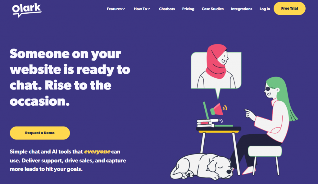 Olark homepage showing AI chat and live chat software for websites to deliver support, capture leads, and boost sales