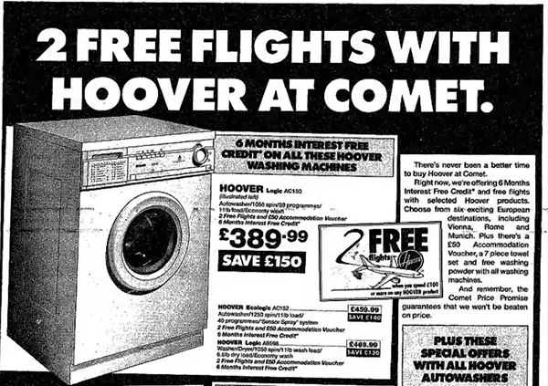 The Guardian, October 1992 Newspaper ad of Hoover’s free flight offer