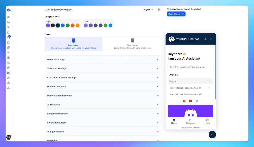customise chatbot widget appearance in YourGPT for WordPress