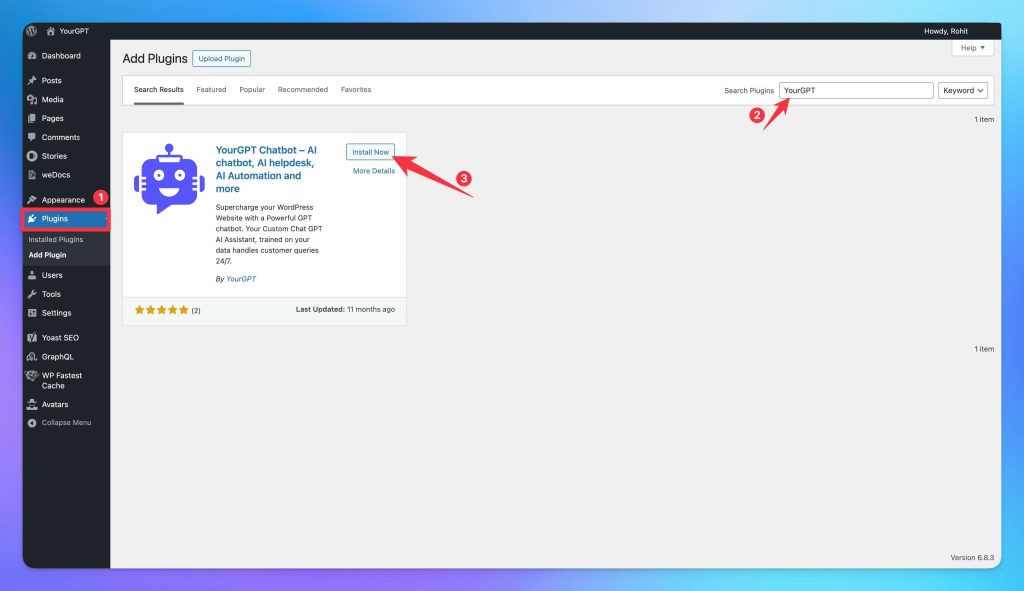 Install YourGPT AI chatbot plugin on WordPress