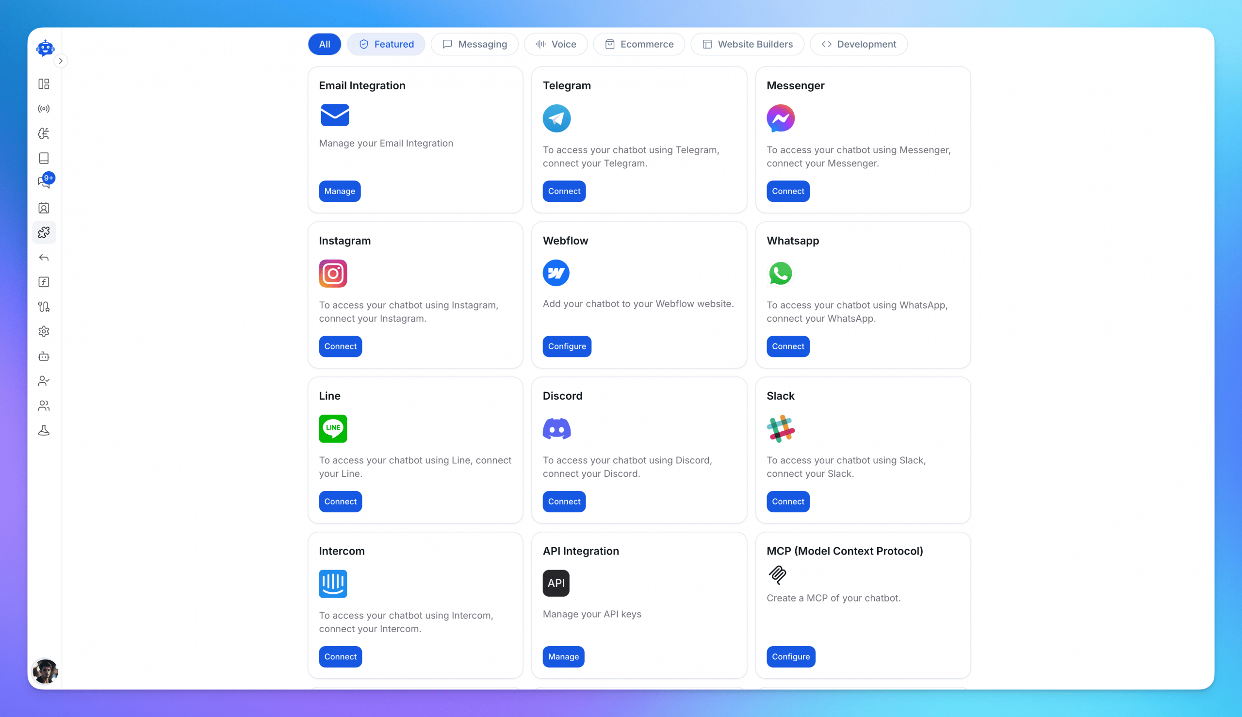 YourGPT integration screen showing email, WhatsApp, Instagram, Messenger, Telegram, LINE, Discord and Slack alongside other integrations