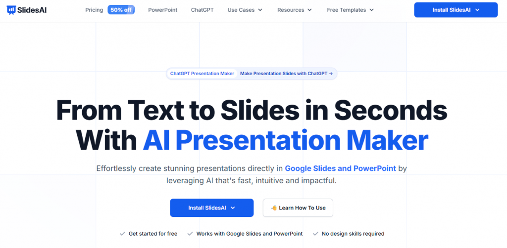 Slides AI Presentation Maker' highlighting AI-powered slide creation for Google Slides and PowerPoint