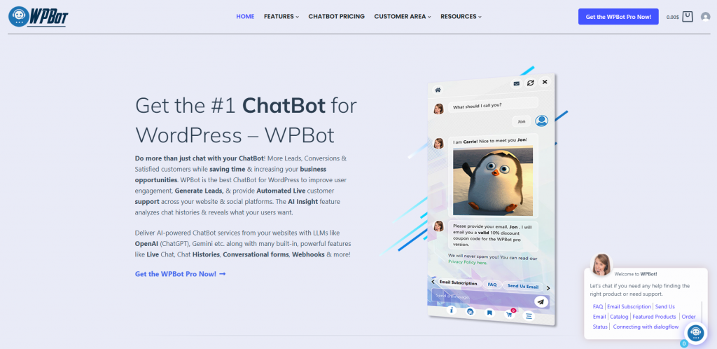 WPBot ChatBot for WordPress – AI chatbot plugin for lead generation, automated live chat, and customer support using ChatGPT and Gemini.