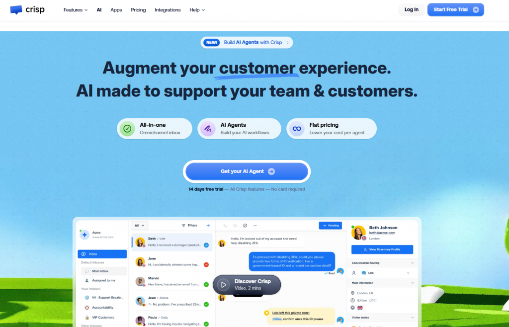 Crisp AI customer support platform – all-in-one omnichannel inbox with AI agents, flat pricing, and 14-day free trial.