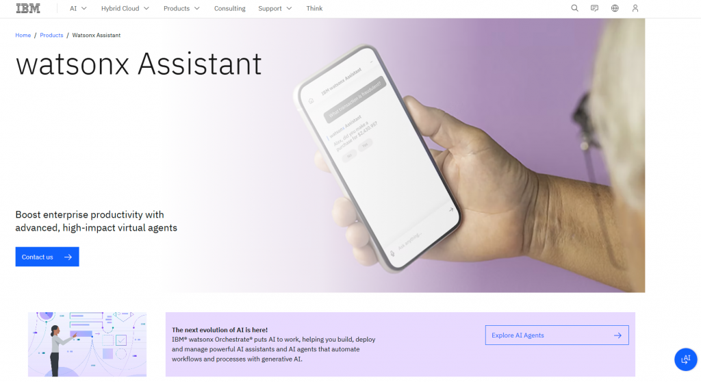 IBM watsonx Assistant – enterprise AI chatbot platform for building advanced virtual agents to boost productivity and automate customer support.
