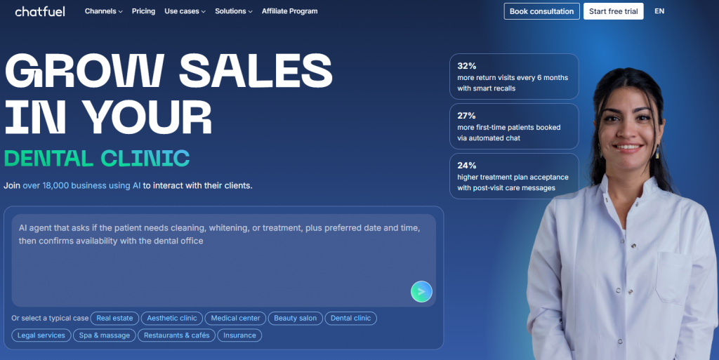 Chatfuel offers a no-code chatbot builder optimized for WhatsApp Business API and Facebook Messenger, primarily serving retail and small-medium businesses.