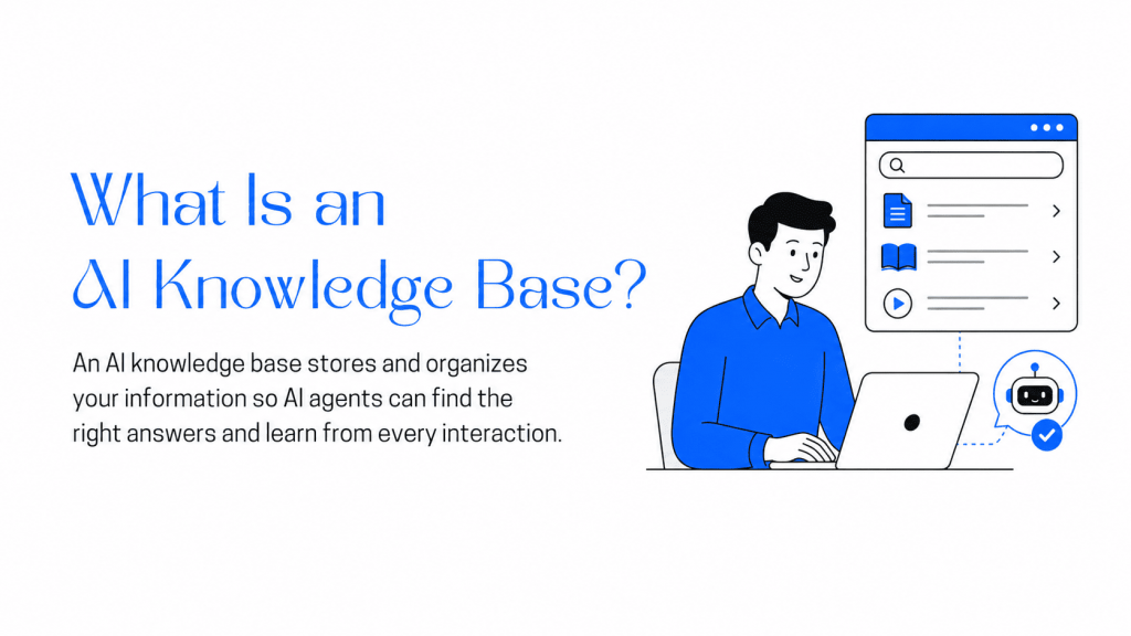 AI knowledge base, showing a person using a laptop beside searchable documents and an AI chatbot.