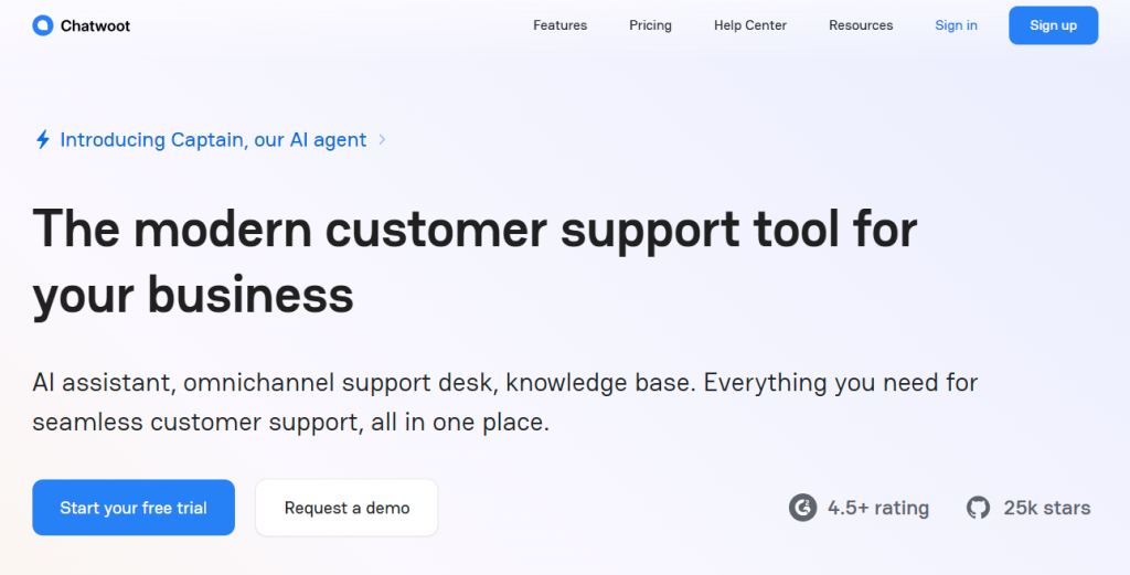 Chatwoot AI assistant, omnichannel support desk, knowledge base.