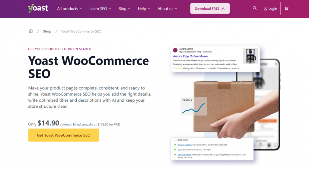 Yoast SEO has been helping millions of websites rank better for over a decade, and its WooCommerce extension provides reliable SEO guidance specifically for e-commerce content.