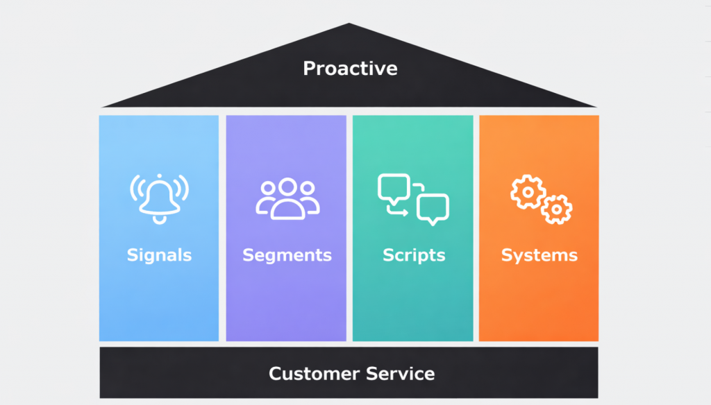 Proactive customer service framework showing four pillars—signals, segments, scripts, and systems—supporting overall customer service operations.