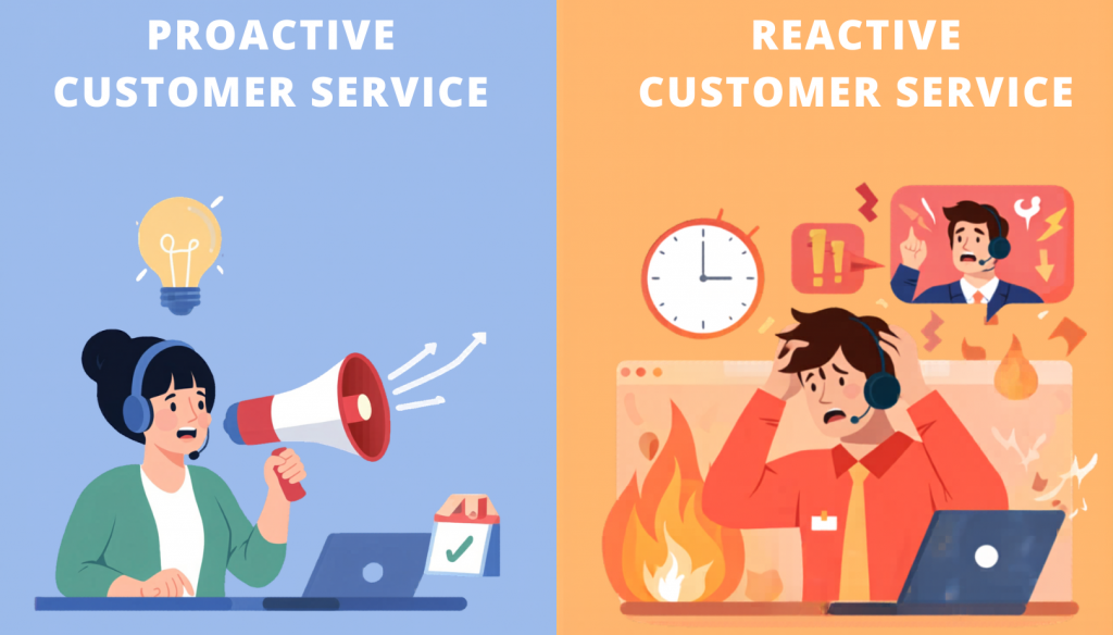 Proactive vs reactive customer service comparison showing planned support vs crisis handling