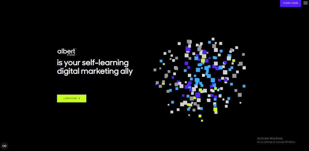 Graphic featuring colorful pixels on a black background, accompanied by text promoting 'Albert' as a self-learning digital marketing ally.