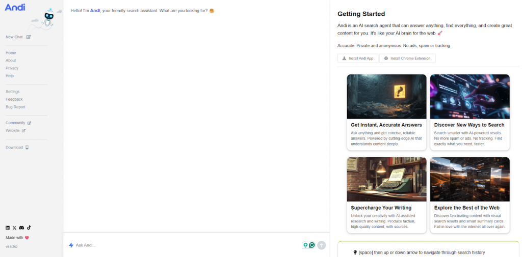 Screenshot of an AI search assistant interface named Andi, featuring a chatbot greeting and several sections describing functionalities like searching, writing assistance, and exploring the web.