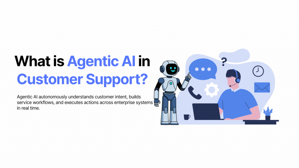 Agentic AI in customer support, showing an AI robot assisting a support agent with automated workflows and real-time issue resolution.