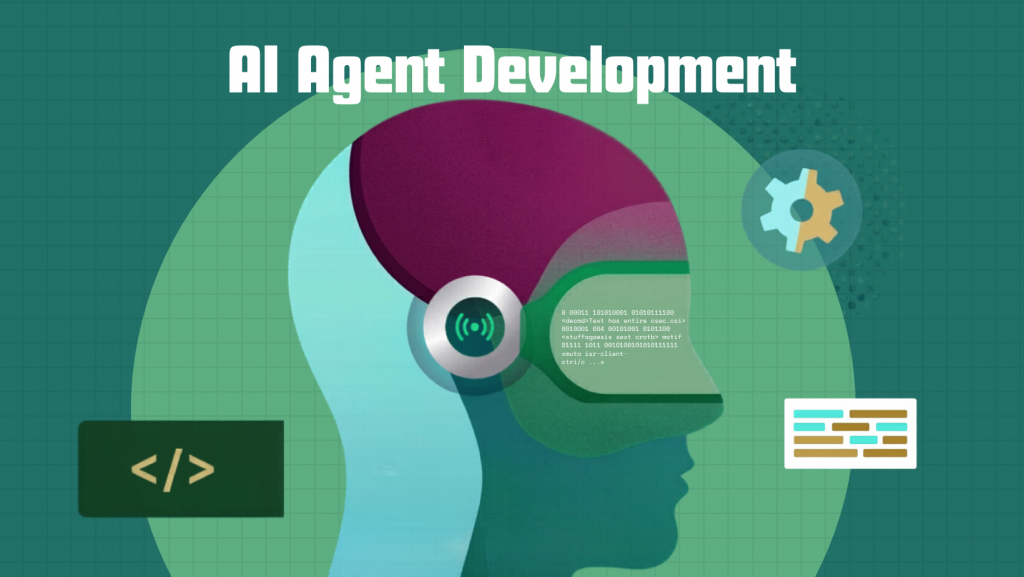 Building production-ready AI agents concept showing a digital AI head with code interface, automation gear, and system architecture on a technical grid background